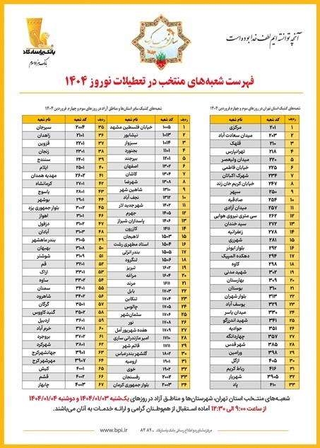 اعلام اسامی شعبه‌های کشیک بانک پاسارگاد در تعطیلات نوروز ۱۴۰۴