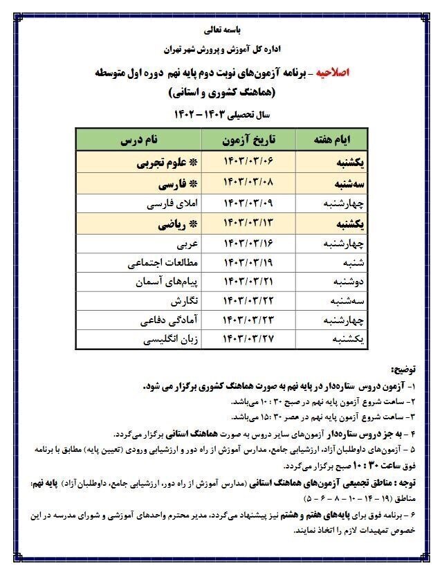 اطلاعیه آموزش و پرورش درباره امتحانات پایه نهم در تهران