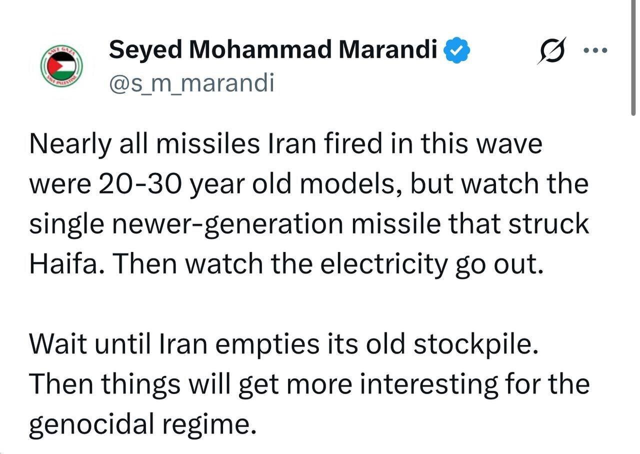 محمد مرندی: موشک‌هایی که ایران شلیک کرد مدل‌های ۲۰ تا ۳۰ سال پیش بودند؛ صبر کنید اوضاع جالب‌تر خواهد شد