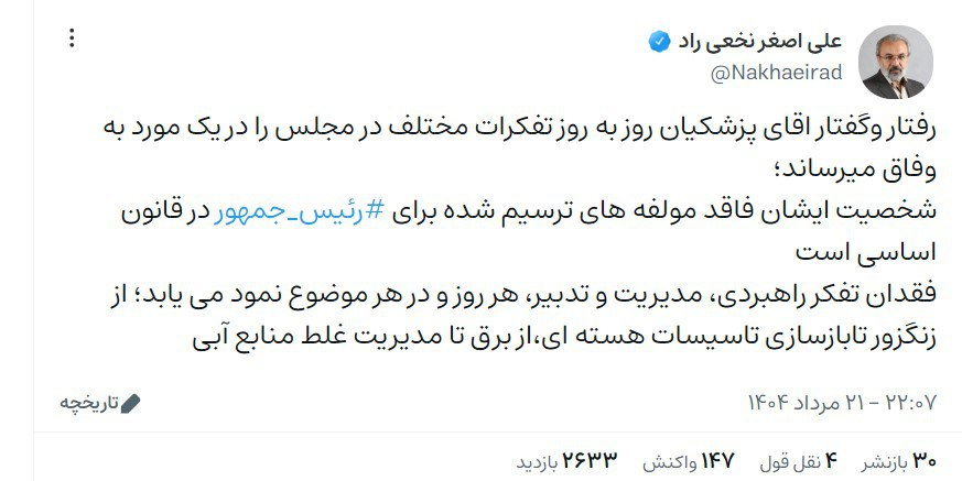 نماینده نزدیک به سعید جیلی: پزشکیان فاقد مولفه‌های ترسیم‌شده برای رئیس‌جمهور شدن است!