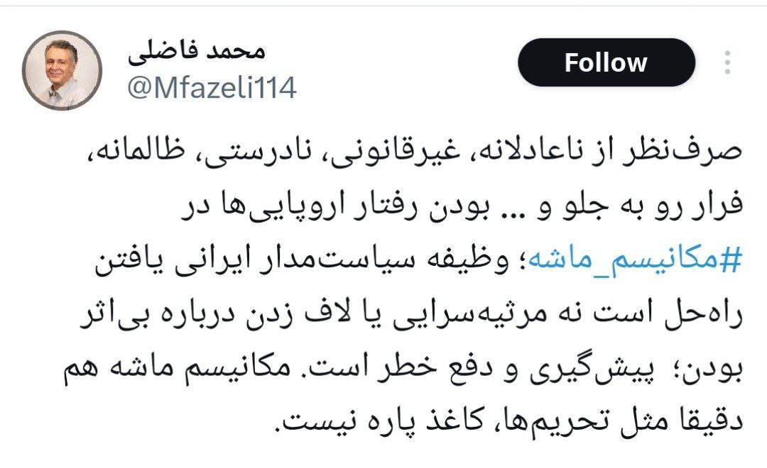 محمد فاضلی درباره فعال‌شدن مکانیسم ماشه: وظیفه سیاست‌مدار ایرانی یافتن راه‌حل است نه مرثیه‌سرایی یا لاف زدن!